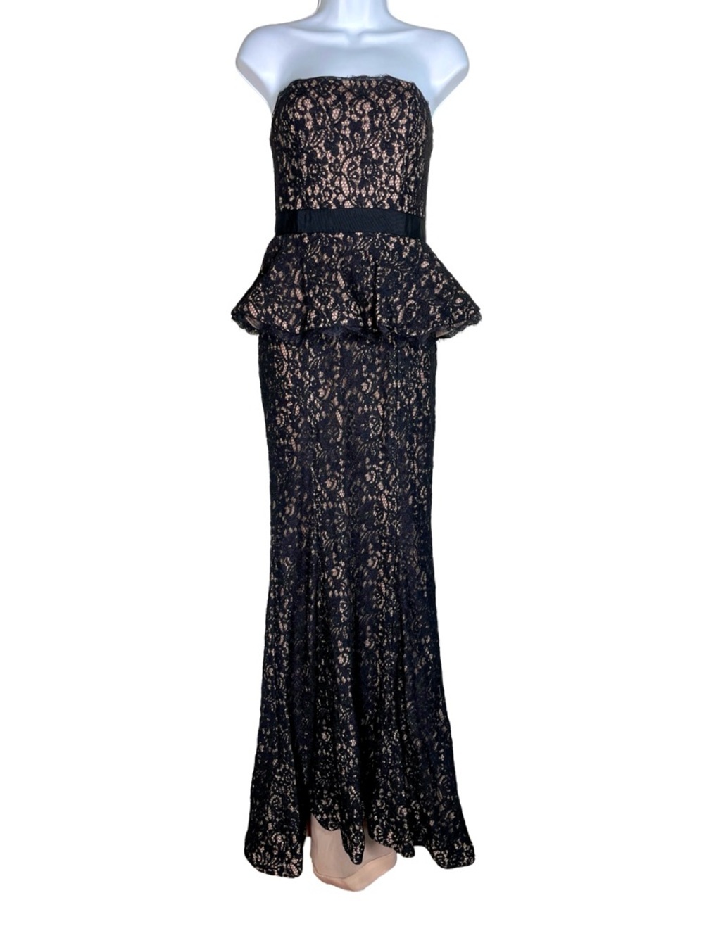 Adrianna Papell Lace Strapless Peplum Mermaid Gown Black Nude 4